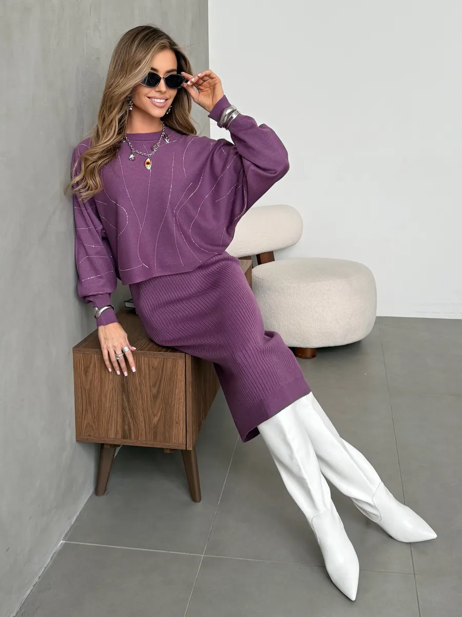 Баклажановый костюм двойка трикотажный с платьем