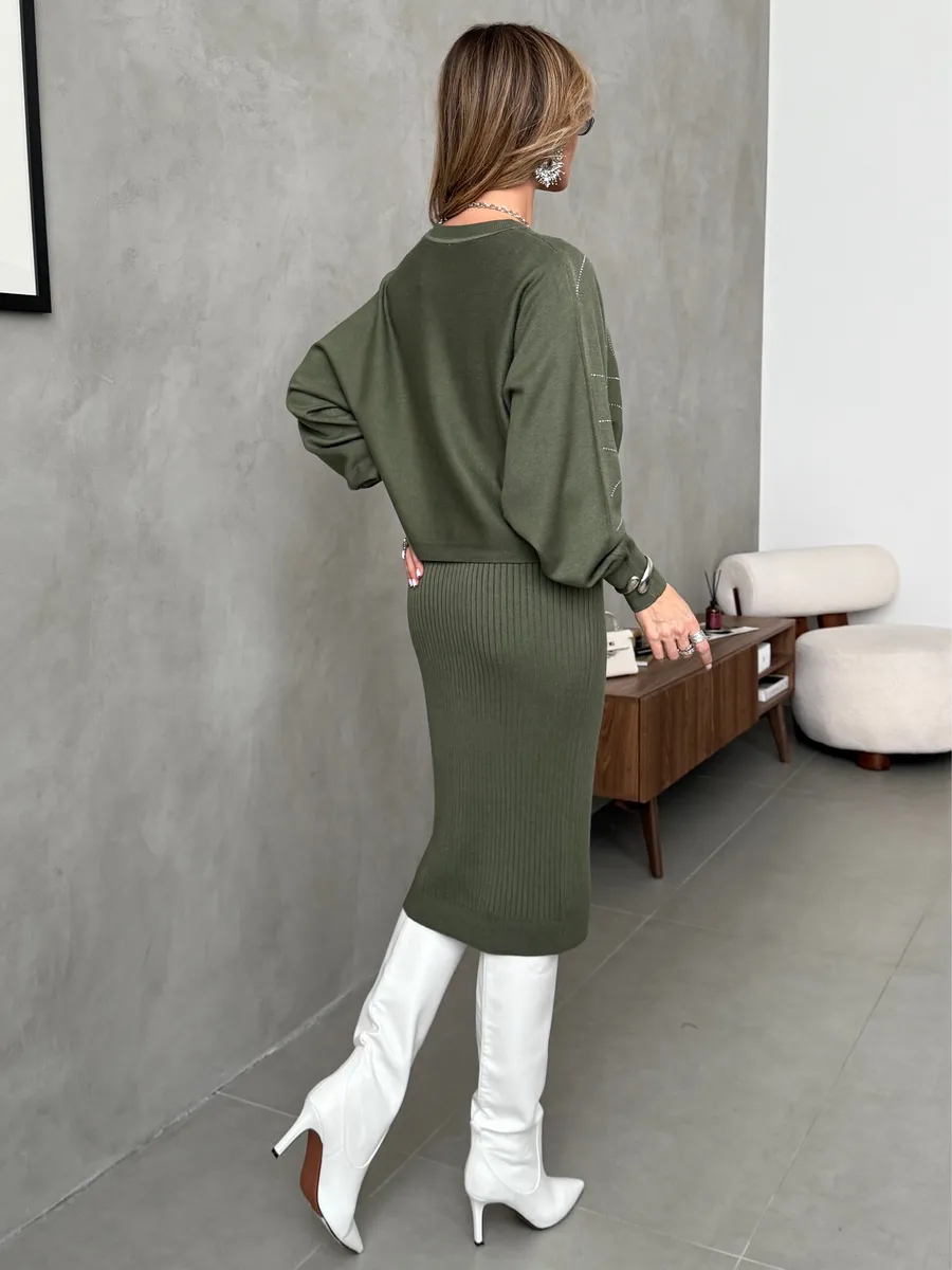 Хаки костюм двойка трикотажный с платьем