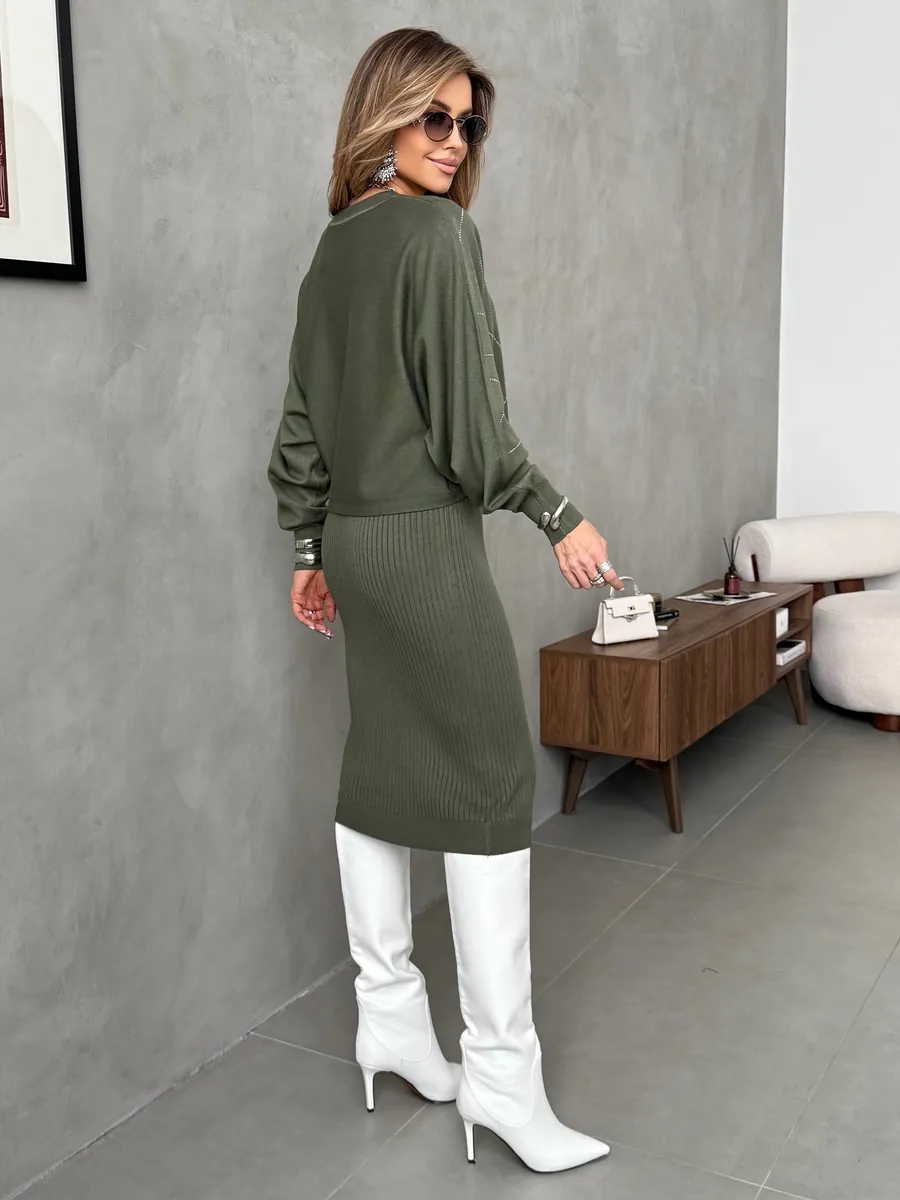 Хаки костюм двойка трикотажный с платьем