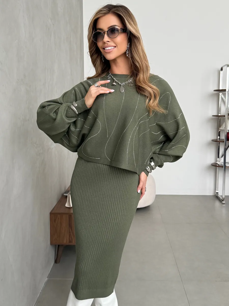 Хаки костюм двойка трикотажный с платьем