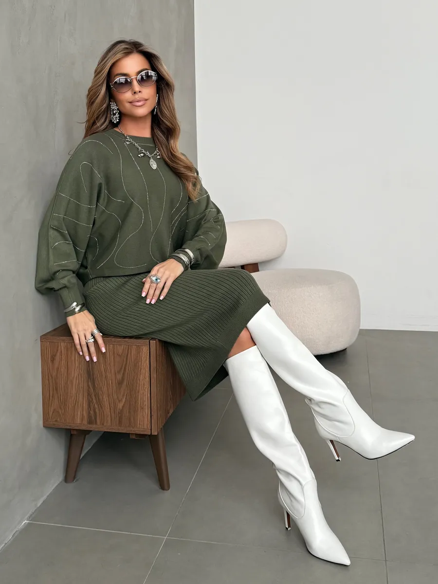 Хаки костюм двойка трикотажный с платьем