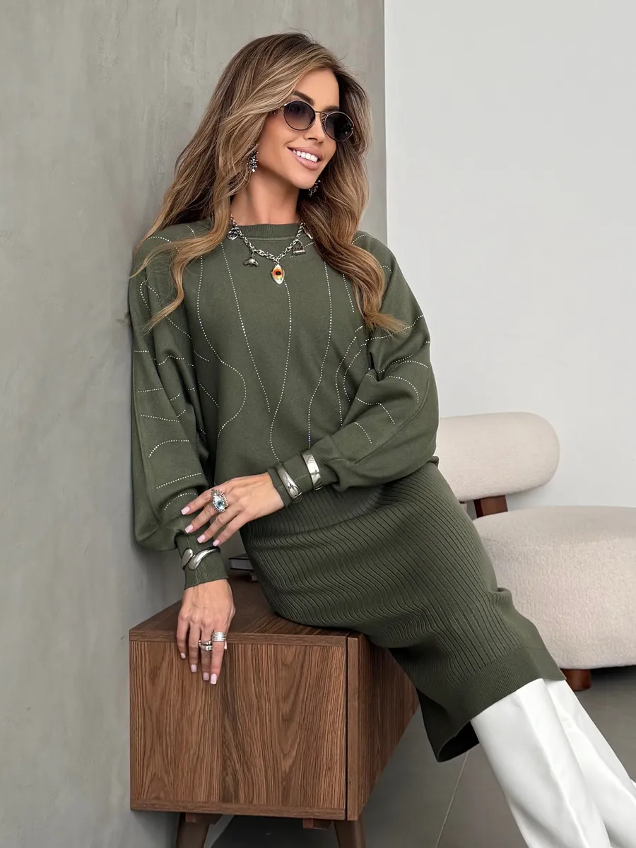 Хаки костюм двойка трикотажный с платьем