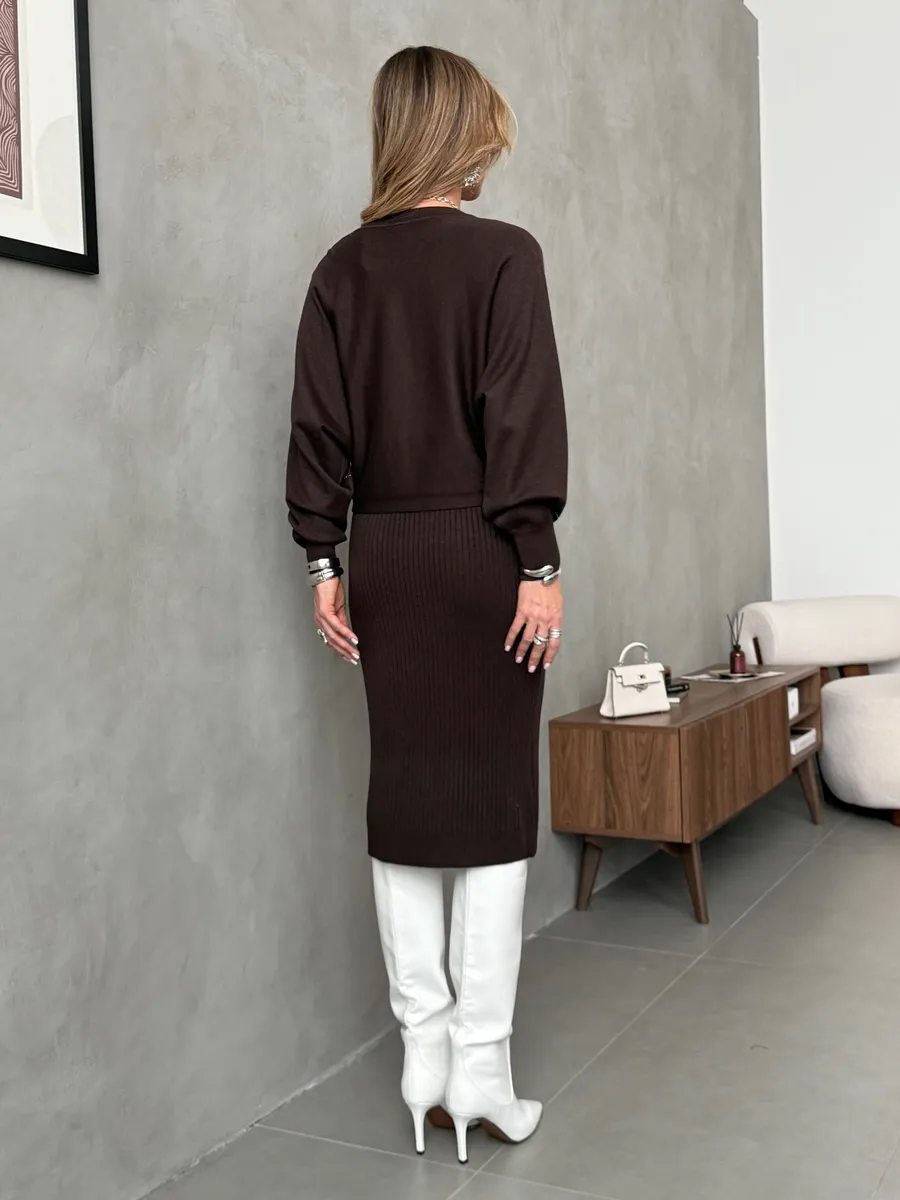 Шоколадный костюм двойка трикотажный с платьем