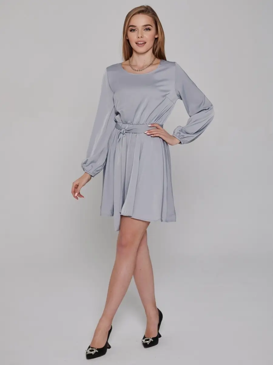 Серое платье женское атласное шелковое а-силуэта