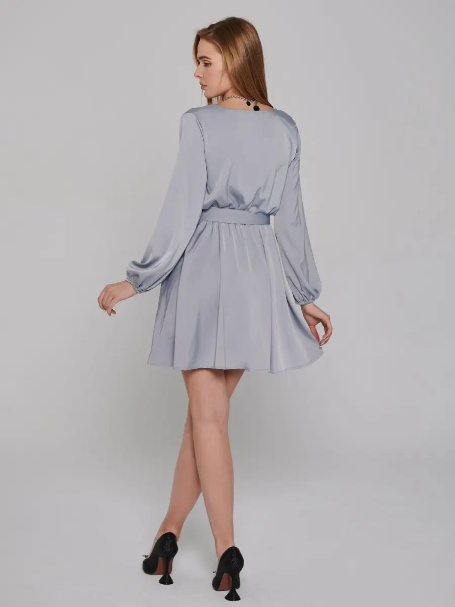 Серое платье женское атласное шелковое а-силуэта