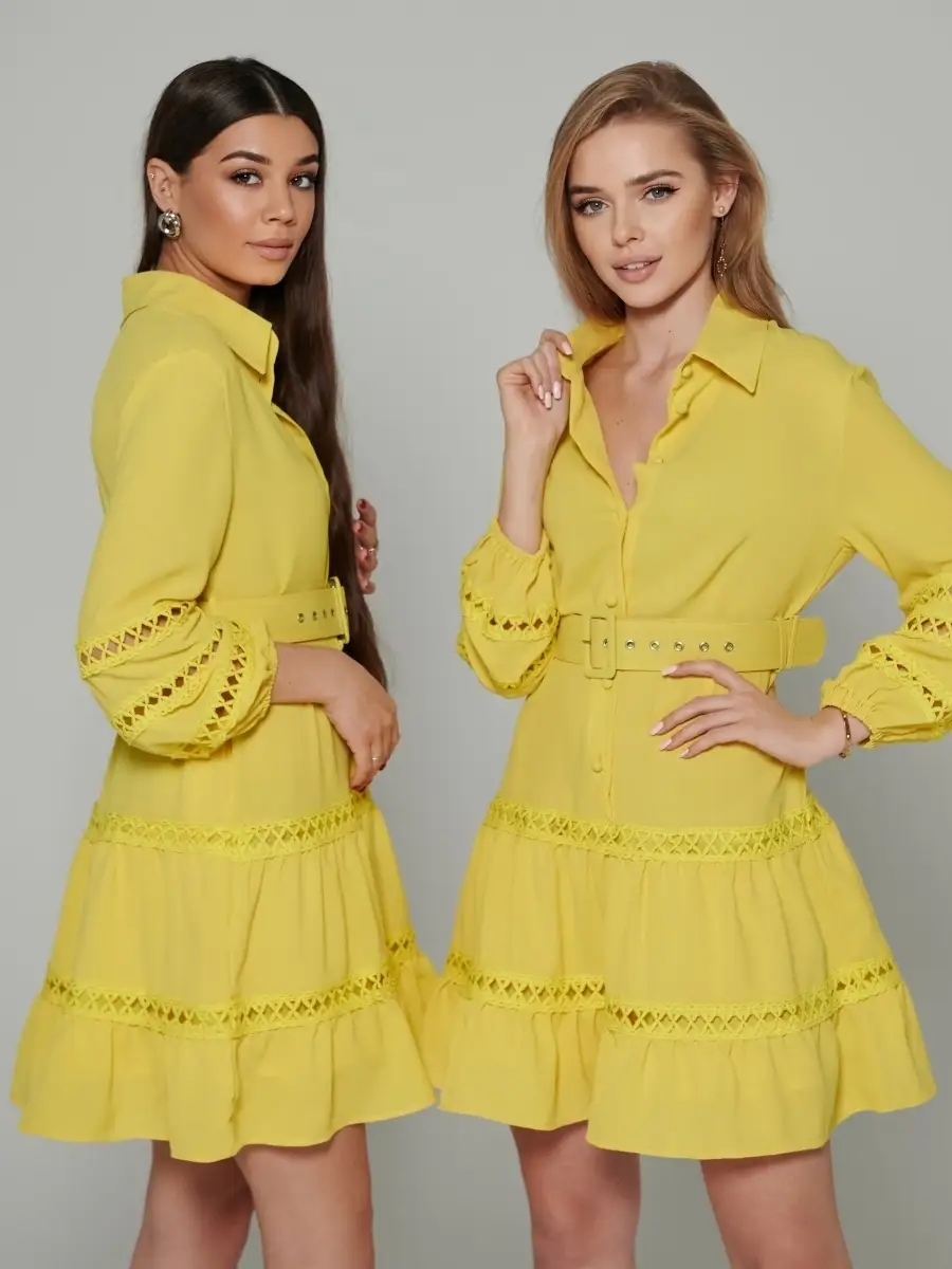 Желтое платье женское с поясом весеннее