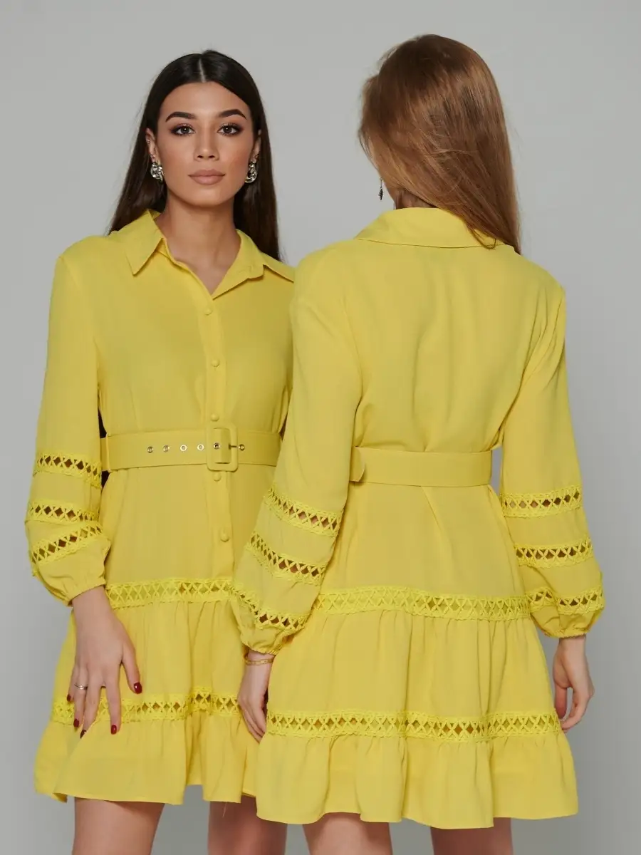 Желтое платье женское с поясом весеннее