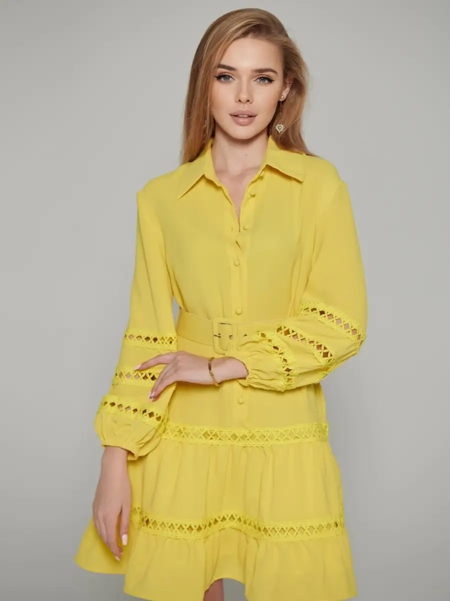 Желтое платье женское с поясом весеннее