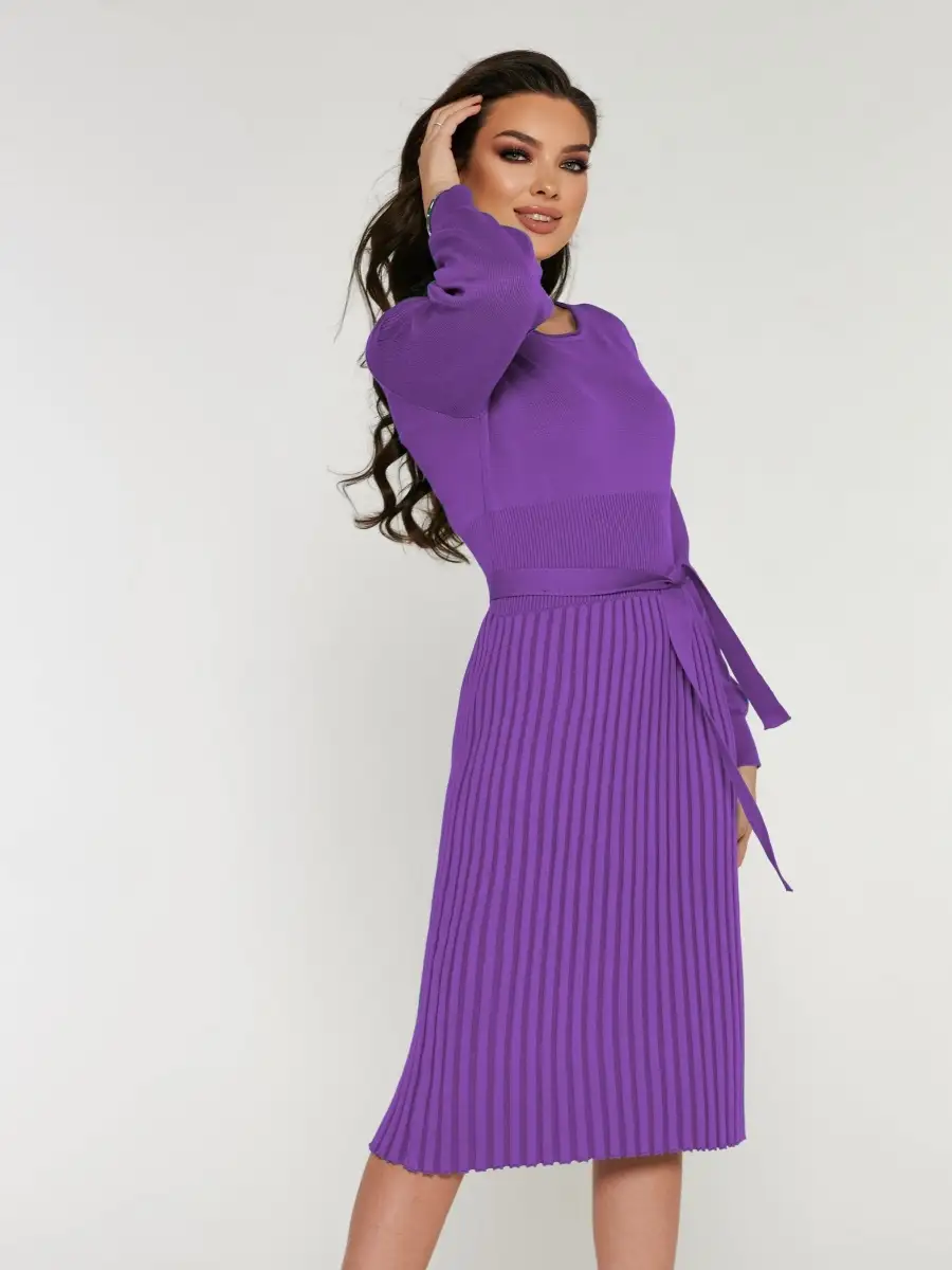 Баклажановое платье женское вечернее теплое трикотажное офисное миди