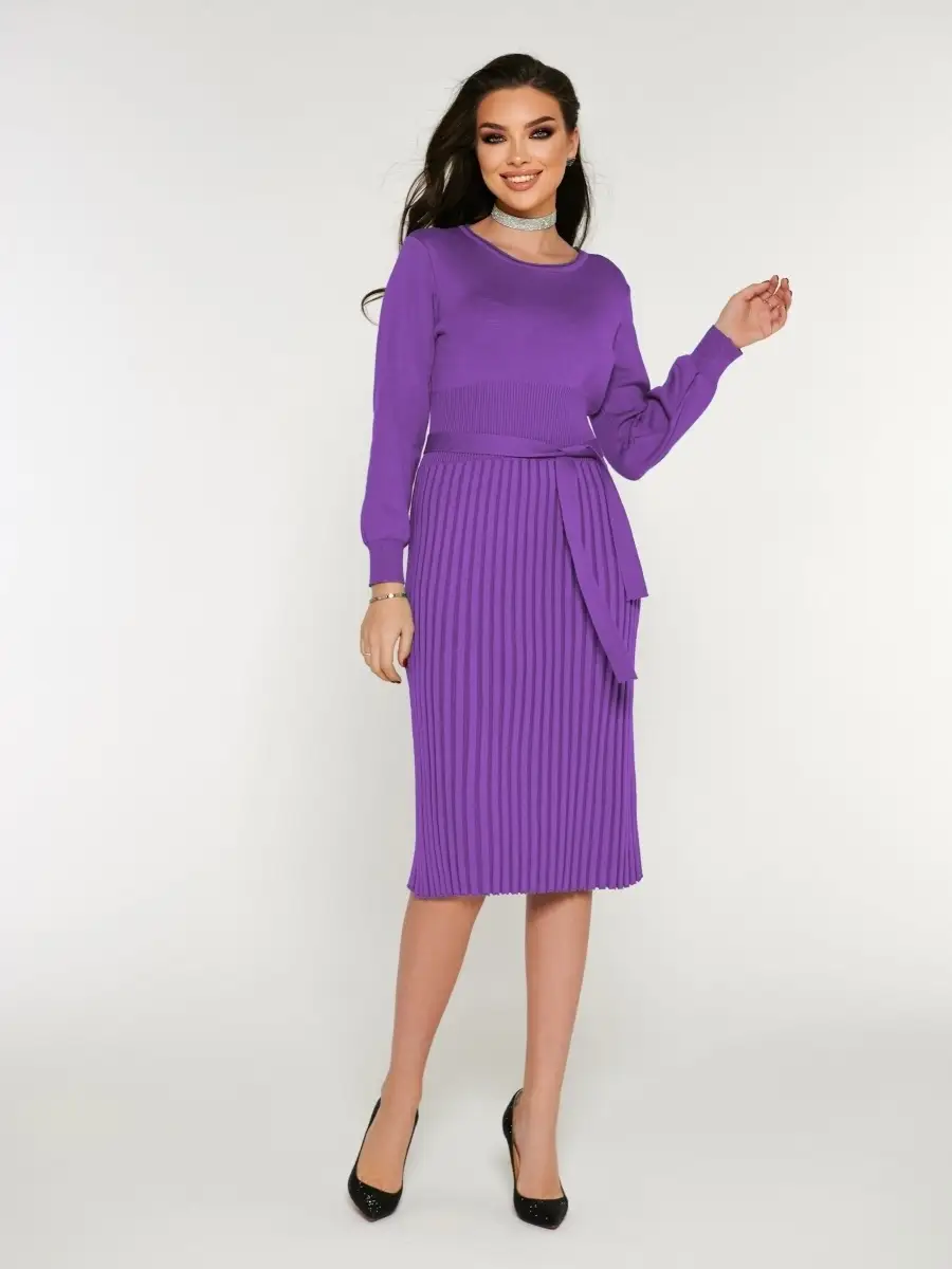 Баклажановое платье женское вечернее теплое трикотажное офисное миди