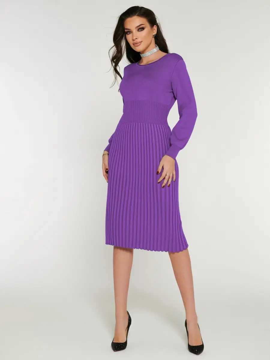 Баклажановое платье женское вечернее теплое трикотажное офисное миди