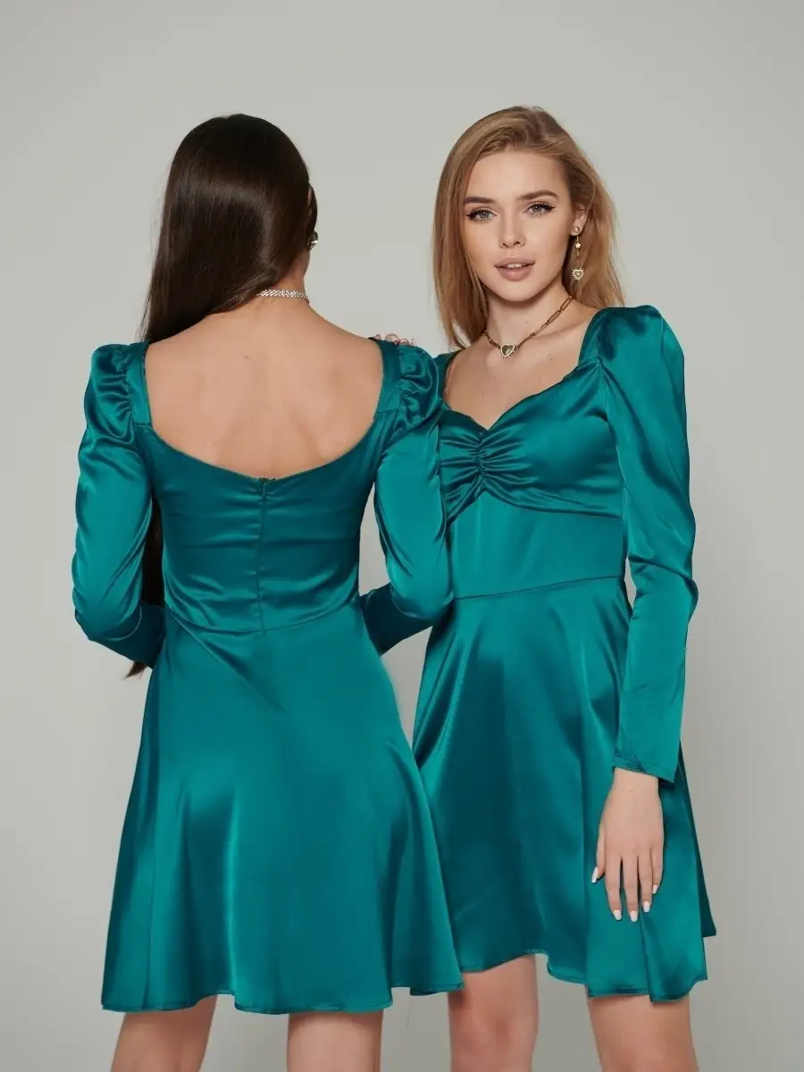 Зеленое платье женское атласное нарядное шелковое коктейльное