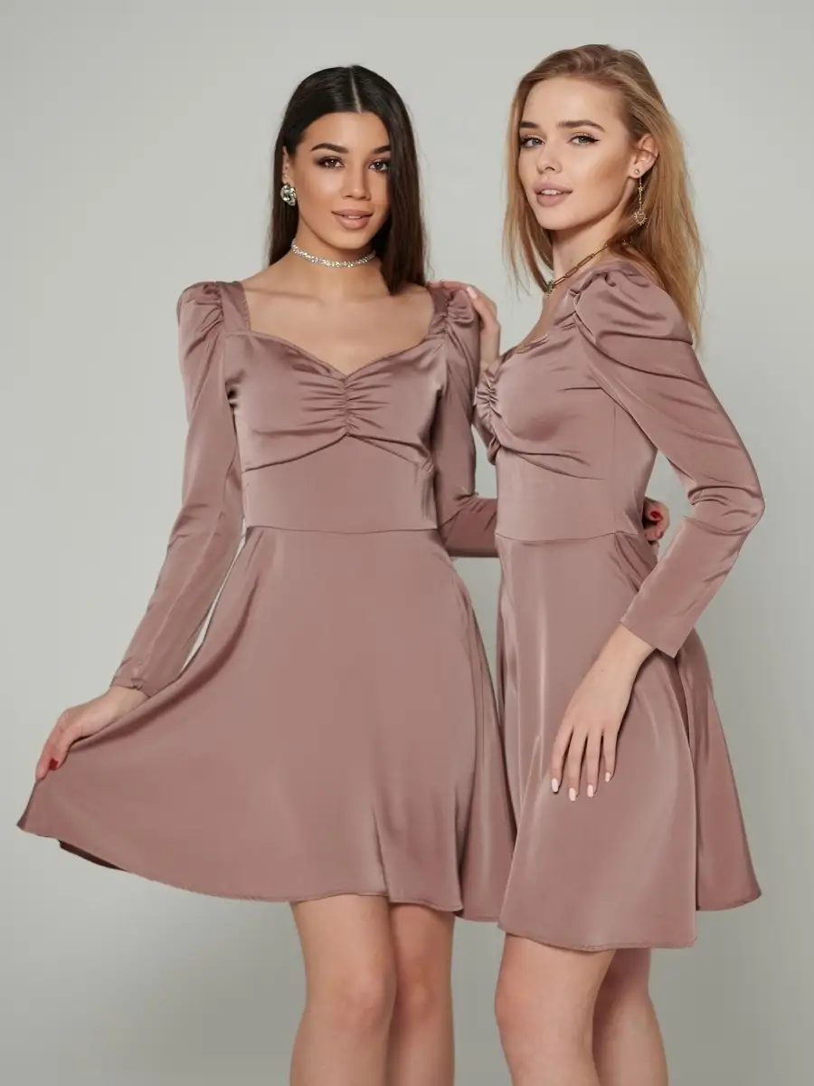 Пудровое платье женское атласное нарядное шелковое коктейльное