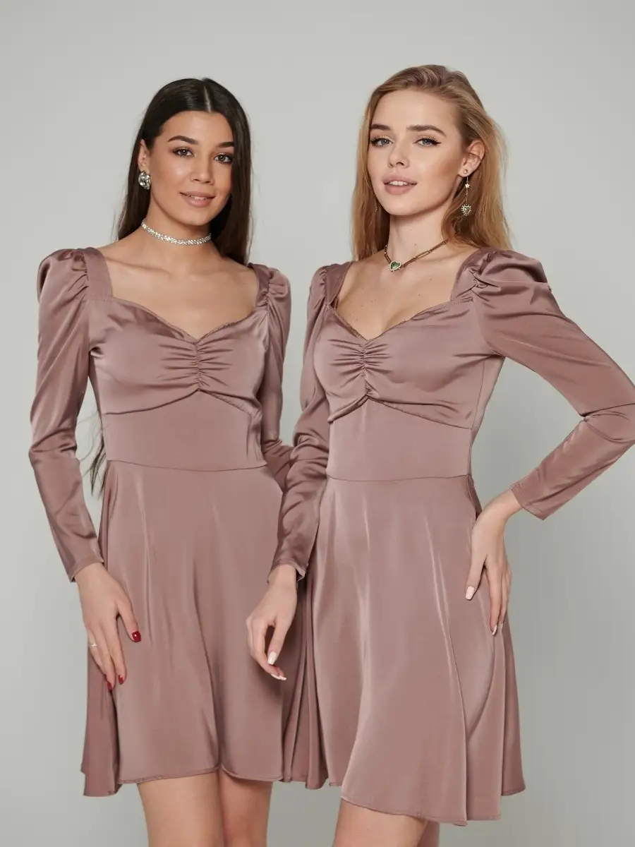 Пудровое платье женское атласное нарядное шелковое коктейльное