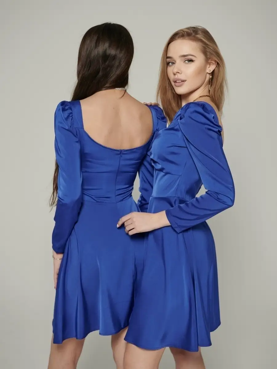 Синее платье женское атласное нарядное шелковое коктейльное