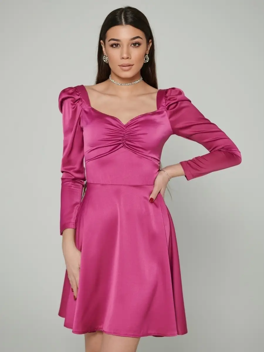 Фуксия платье женское атласное нарядное шелковое коктейльное