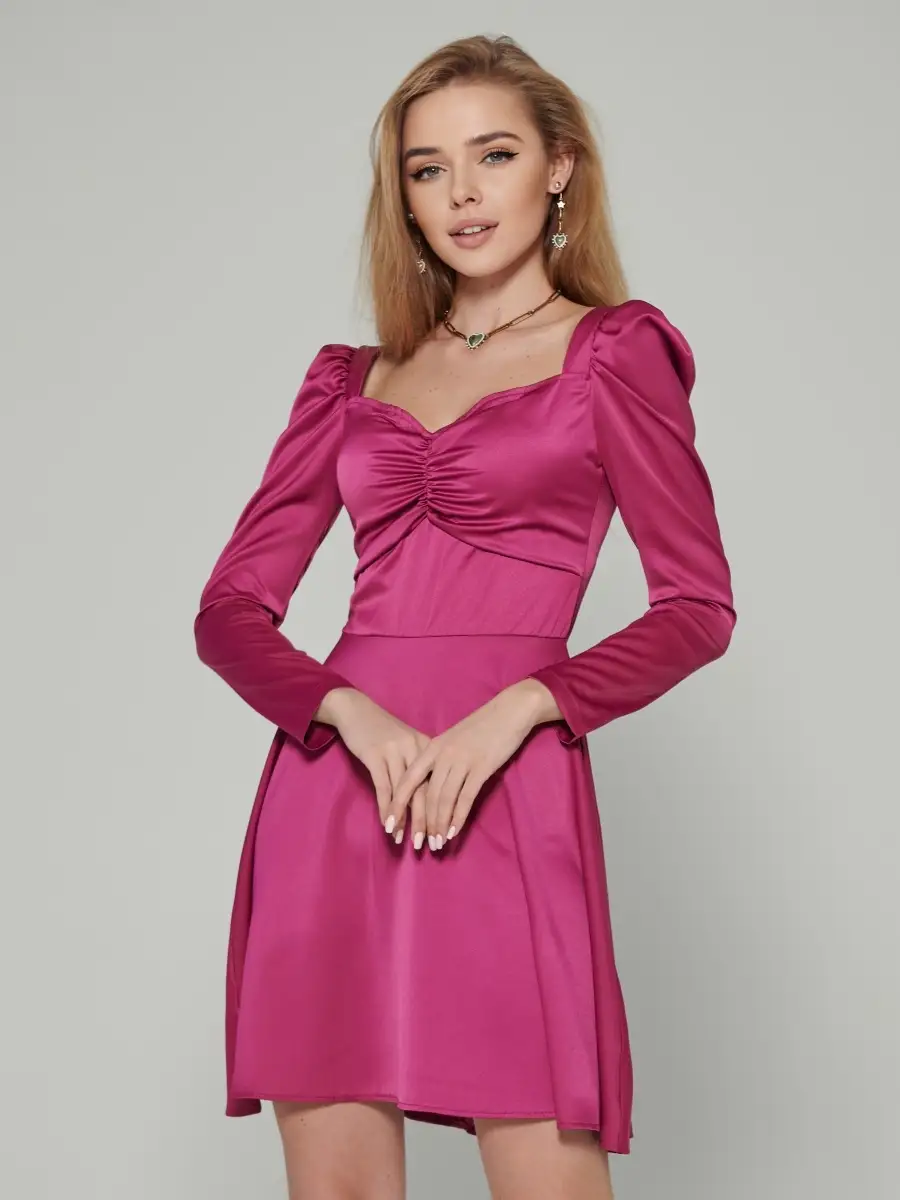 Фуксия платье женское атласное нарядное шелковое коктейльное