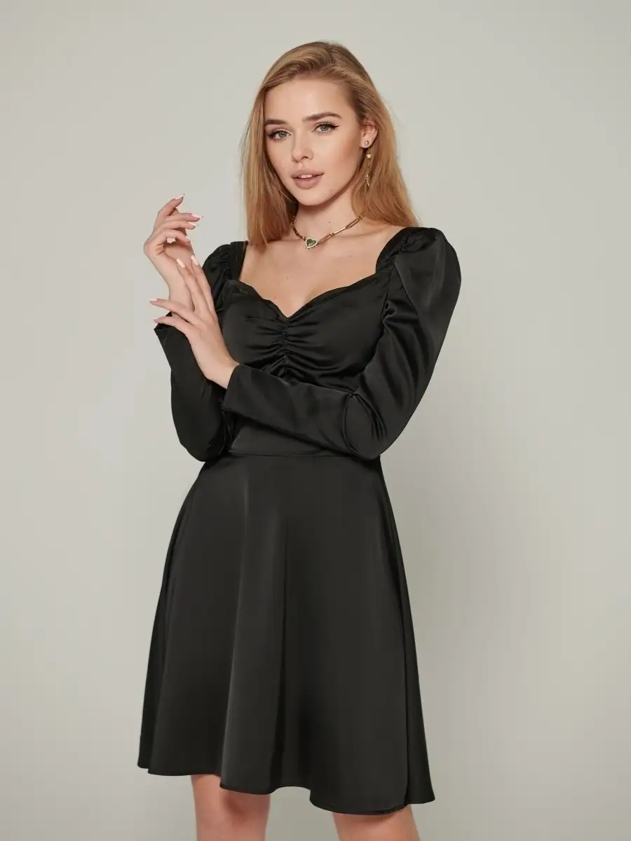 Черное платье женское атласное нарядное шелковое коктейльное