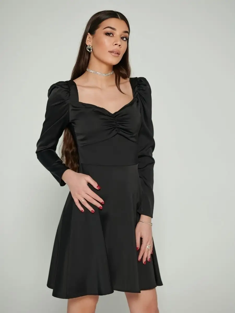 Черное платье женское атласное нарядное шелковое коктейльное