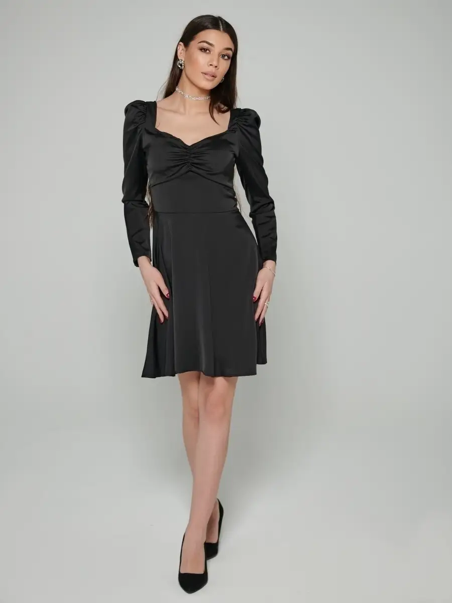 Черное платье женское атласное нарядное шелковое коктейльное