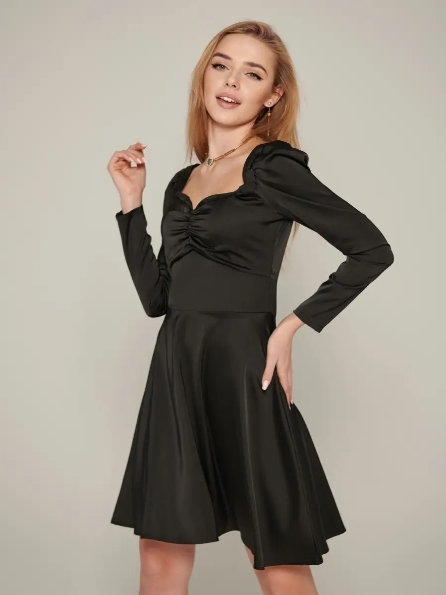 Черное платье женское атласное нарядное шелковое коктейльное