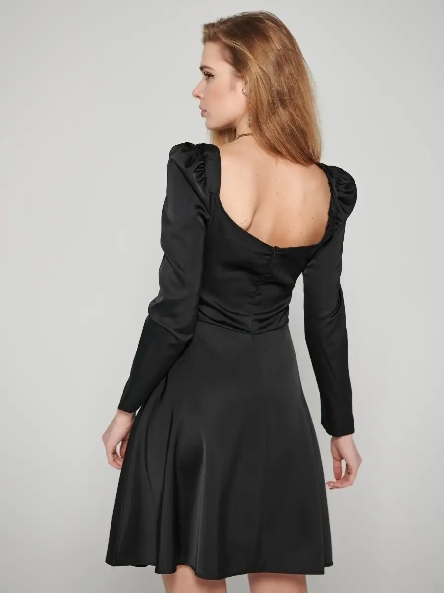 Черное платье женское атласное нарядное шелковое коктейльное