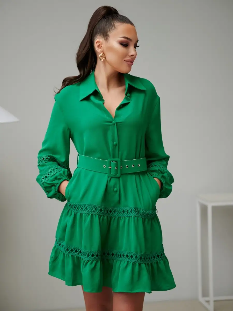 Зеленое платье женское с поясом весеннее