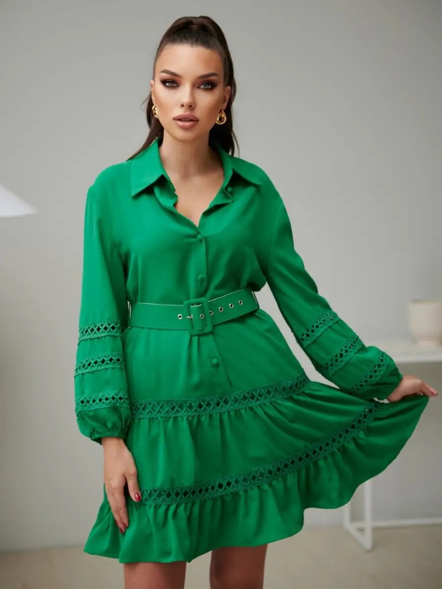 Зеленое платье женское с поясом весеннее