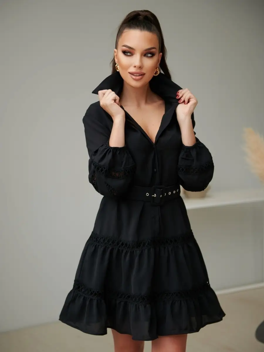 Черное платье женское с поясом весеннее