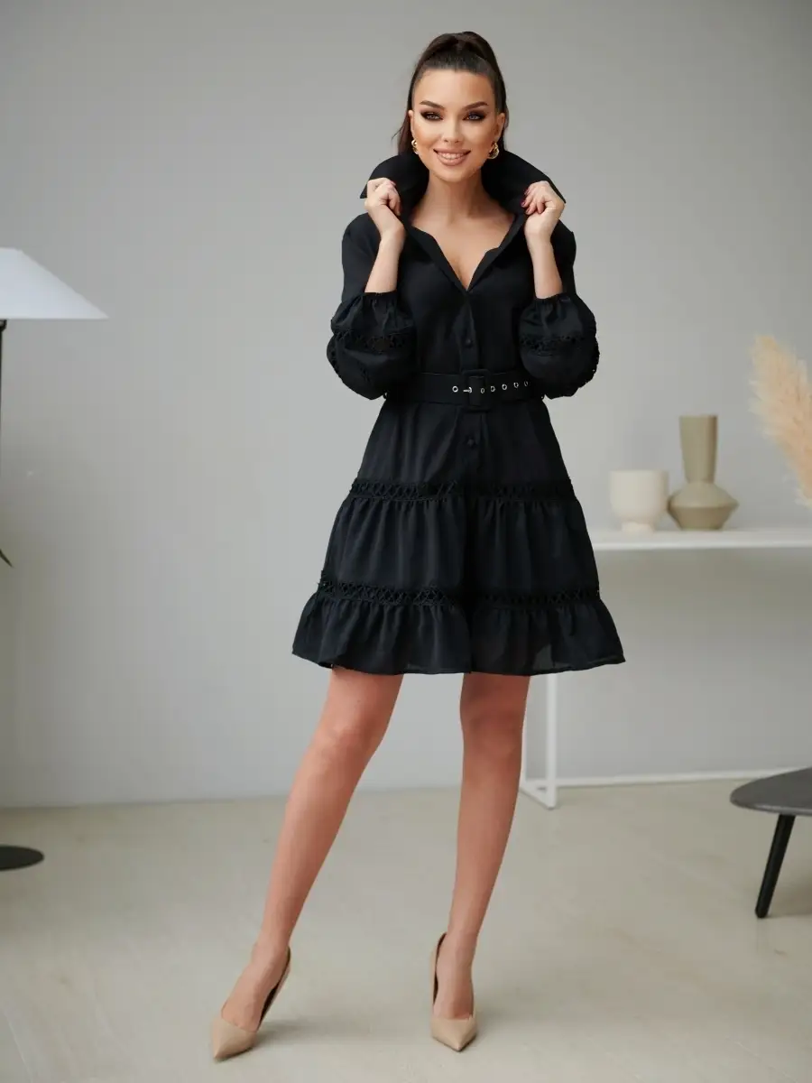 Черное платье женское с поясом весеннее