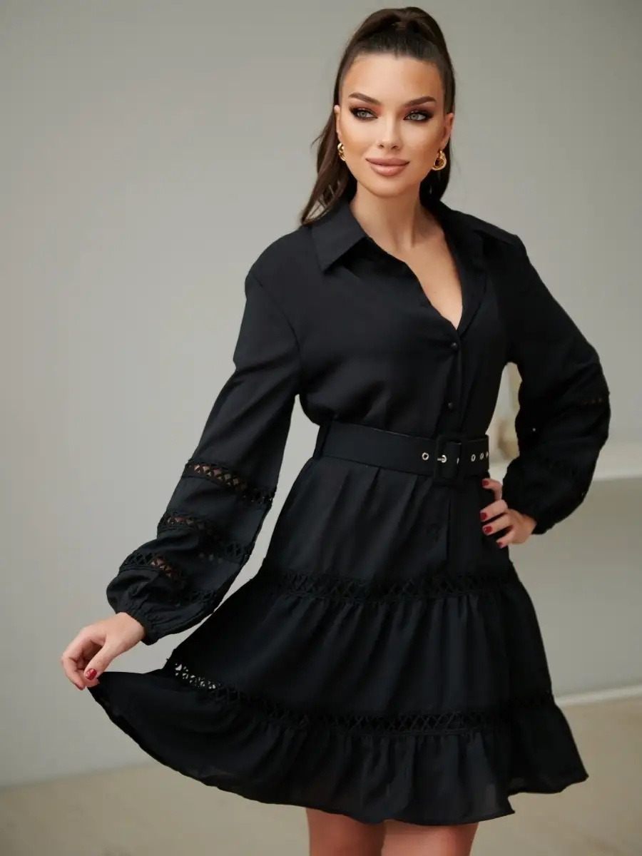 Черное платье женское с поясом весеннее