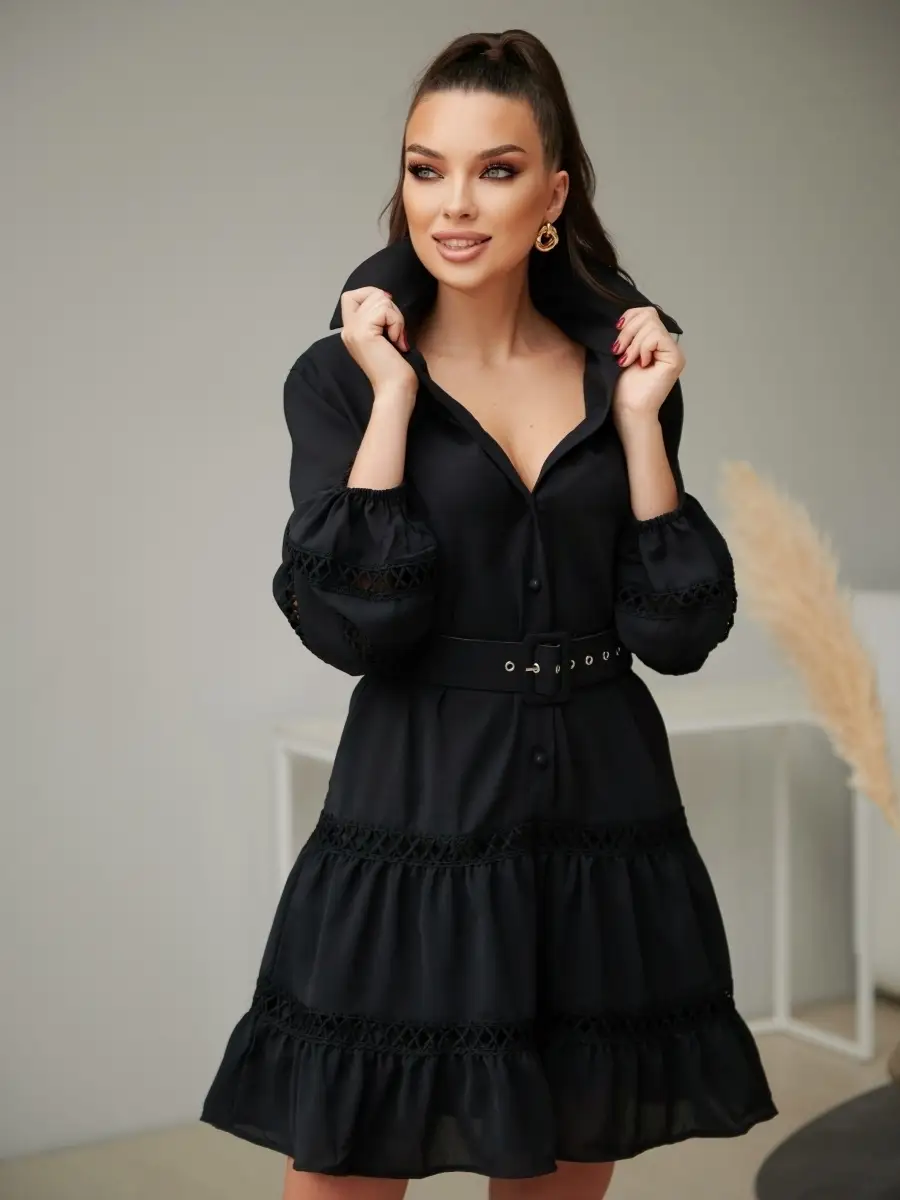Черное платье женское с поясом весеннее