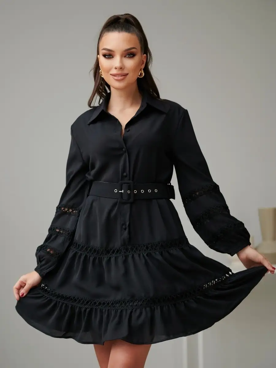 Черное платье женское с поясом весеннее