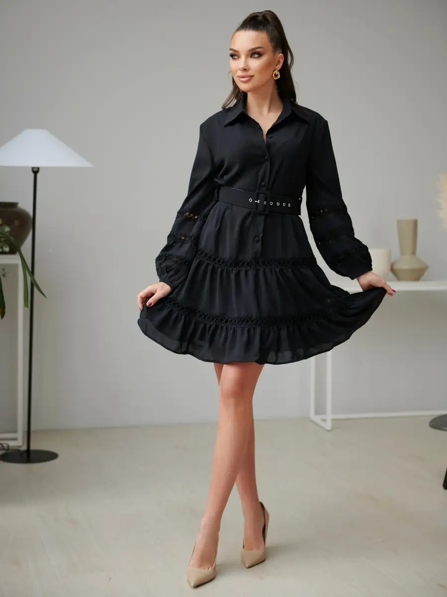 Черное платье женское с поясом весеннее