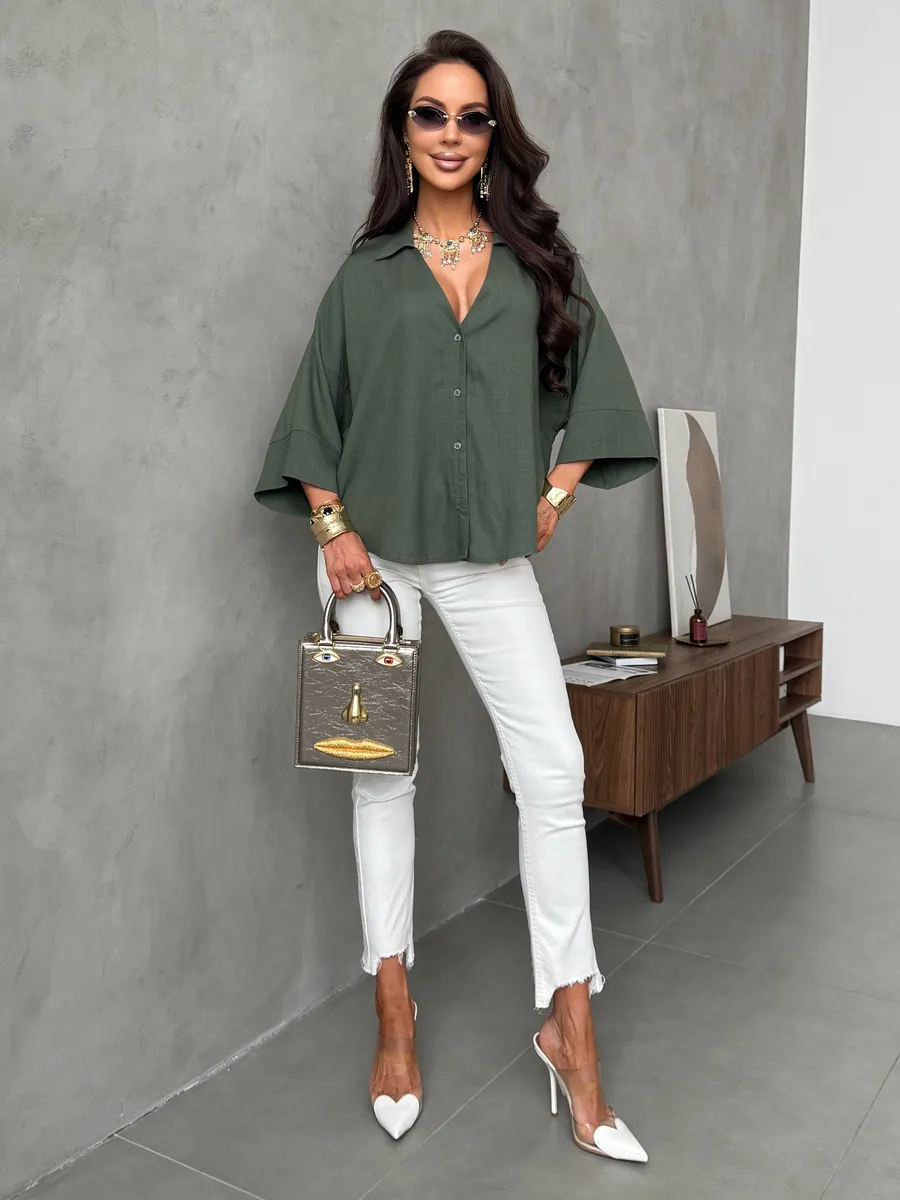 Хаки льняная офисная рубашка оверсайз с коротким рукавом