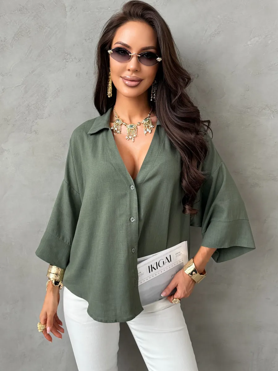 Хаки льняная офисная рубашка оверсайз с коротким рукавом