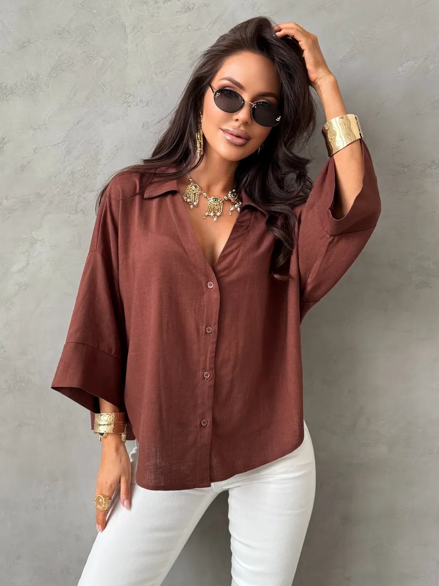 Коричневая льняная офисная рубашка оверсайз с коротким рукавом