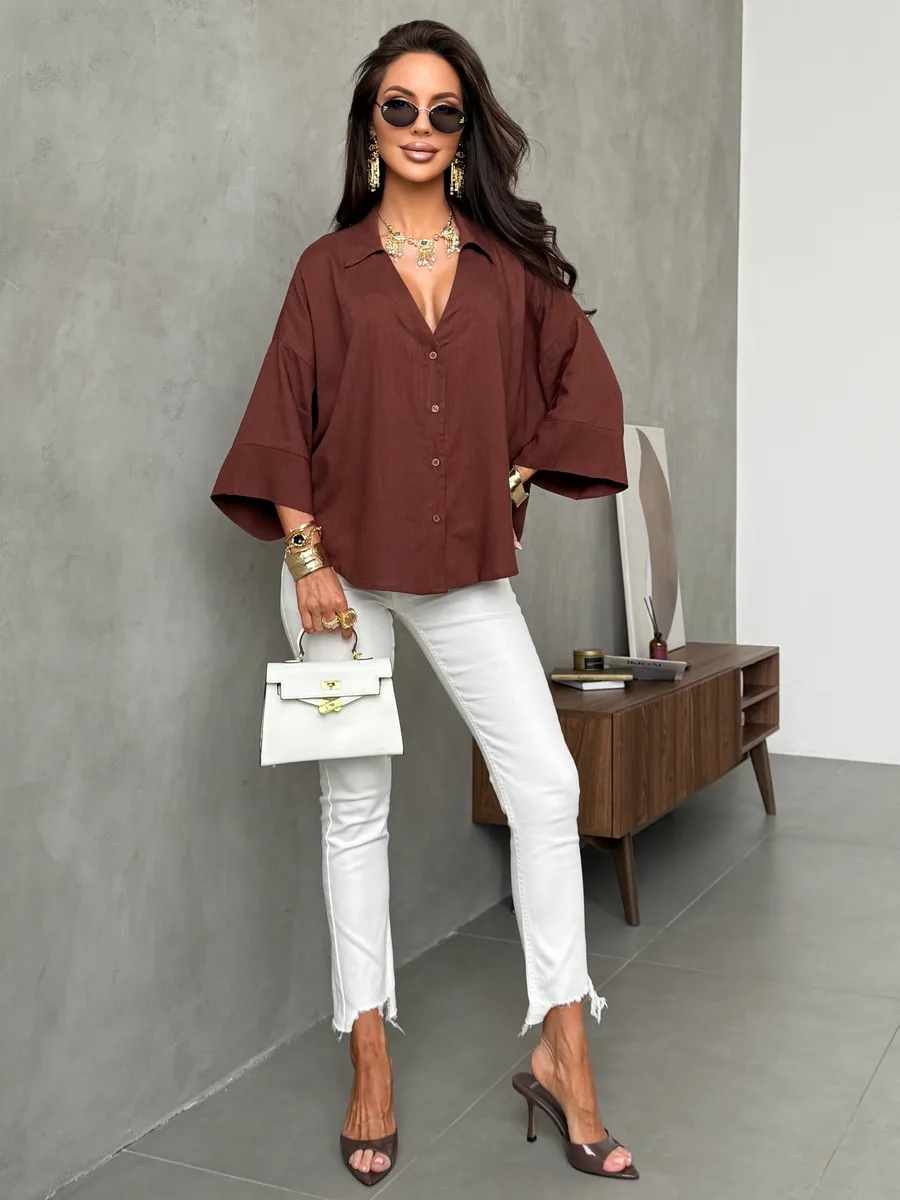 Коричневая льняная офисная рубашка оверсайз с коротким рукавом