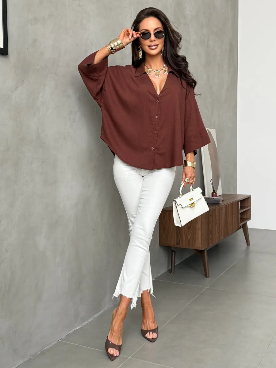 Коричневая льняная офисная рубашка оверсайз с коротким рукавом