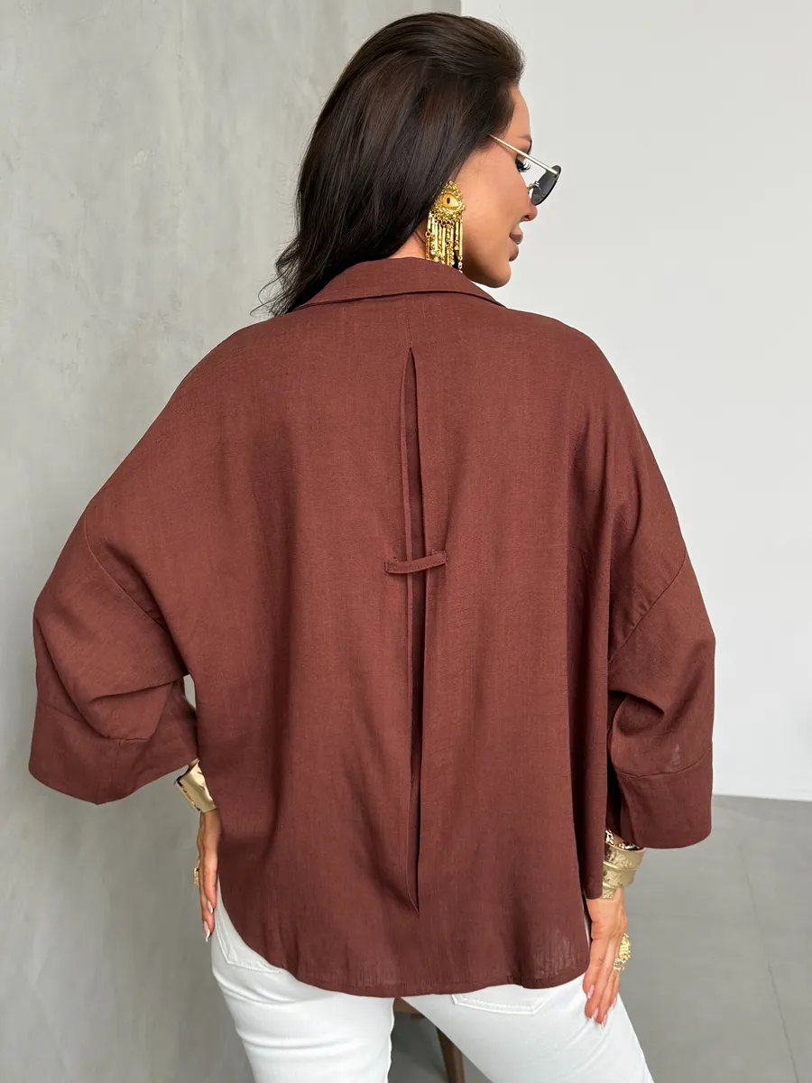 Коричневая льняная офисная рубашка оверсайз с коротким рукавом