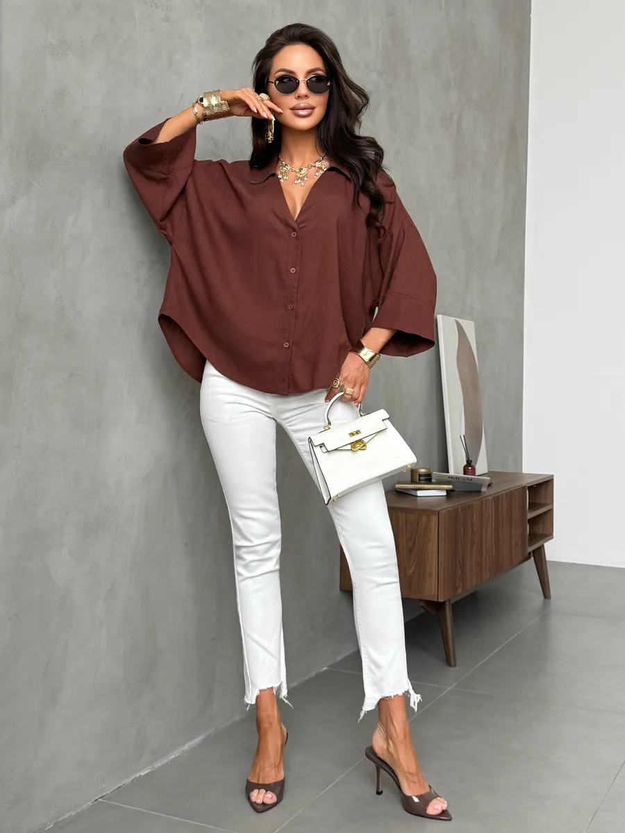 Коричневая льняная офисная рубашка оверсайз с коротким рукавом