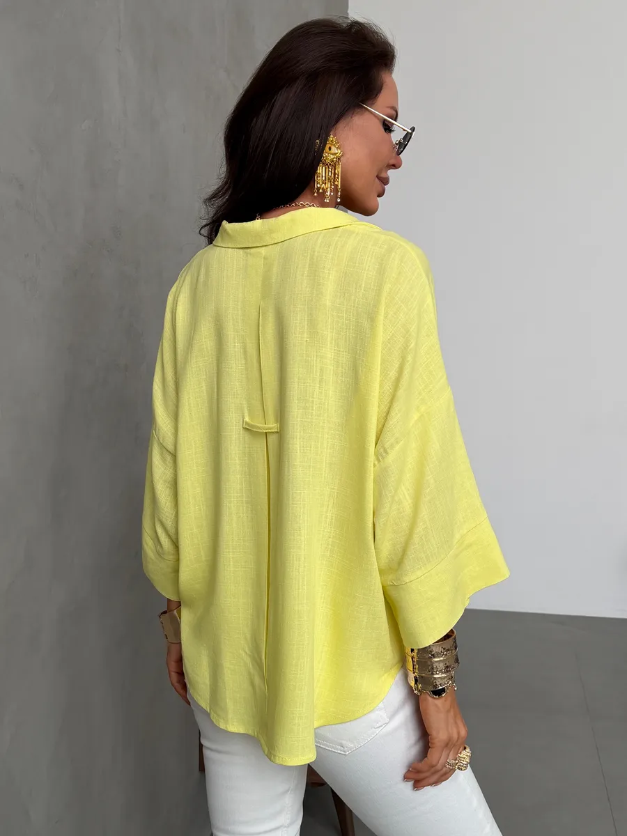 Желтая льняная офисная рубашка оверсайз с коротким рукавом