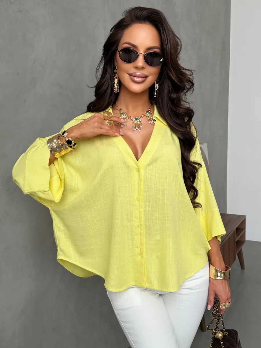 Желтая льняная офисная рубашка оверсайз с коротким рукавом