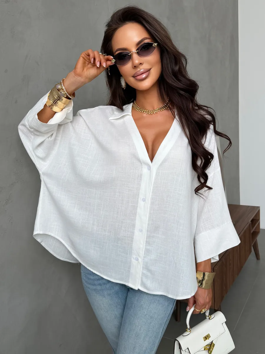 Белая льняная офисная рубашка оверсайз с коротким рукавом