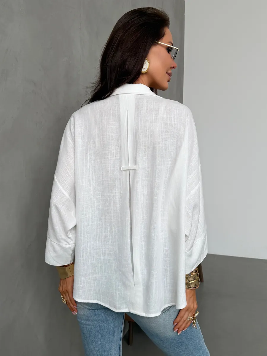 Белая льняная офисная рубашка оверсайз с коротким рукавом