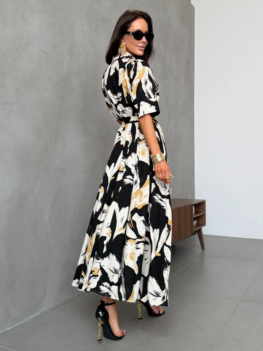 Черное платье рубашка летнее миди с ярким принтом и поясом