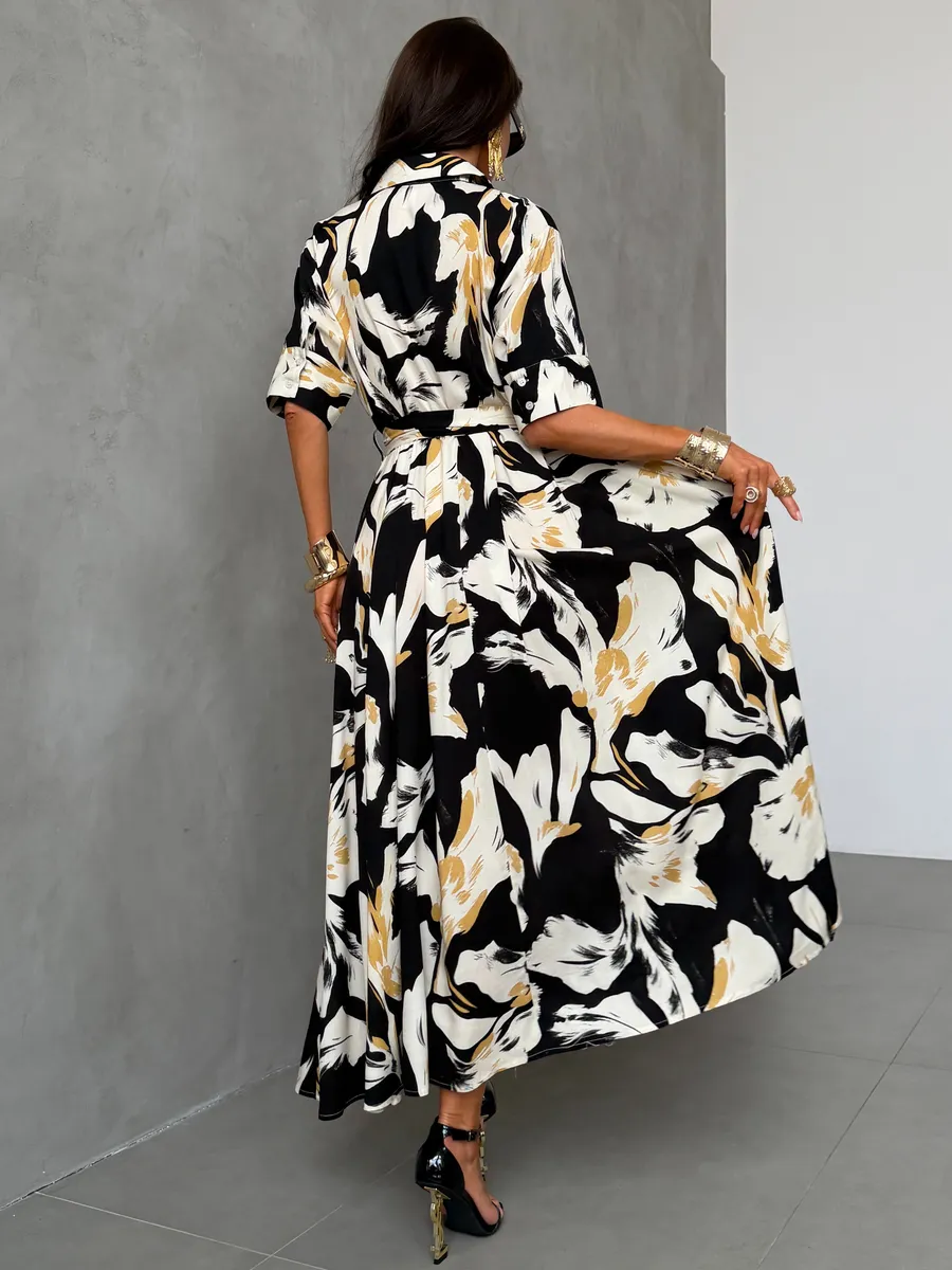 Черное платье рубашка летнее миди с ярким принтом и поясом