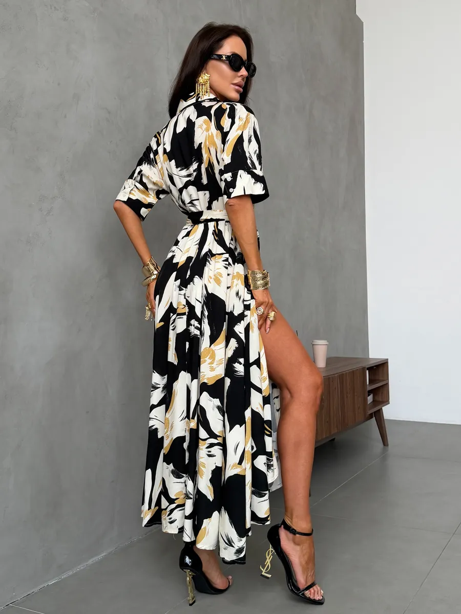 Черное платье рубашка летнее миди с ярким принтом и поясом