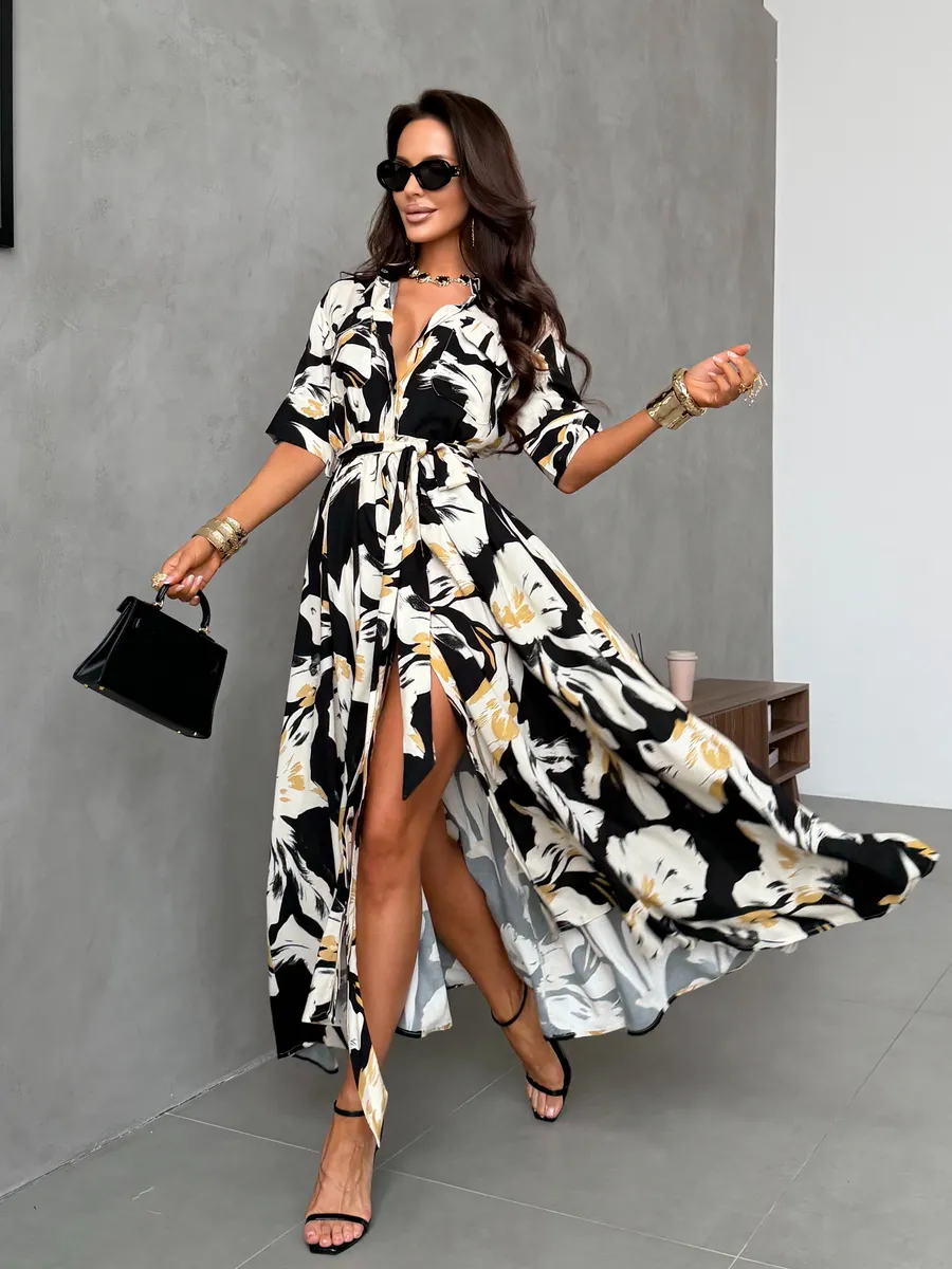 Черное платье рубашка летнее миди с ярким принтом и поясом