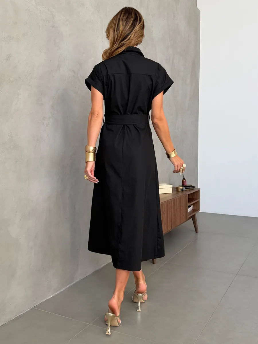 Черное летнее повседневное платье рубашка с коротким рукавом